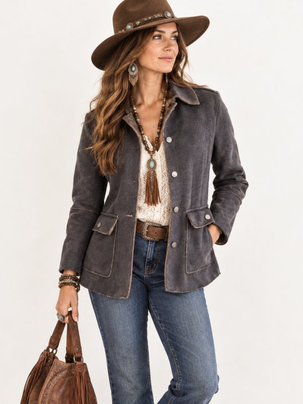 CAbi Women's Brown Faux Fur Lined Penny Lane Jacket Small S Western Boho 335 NEW